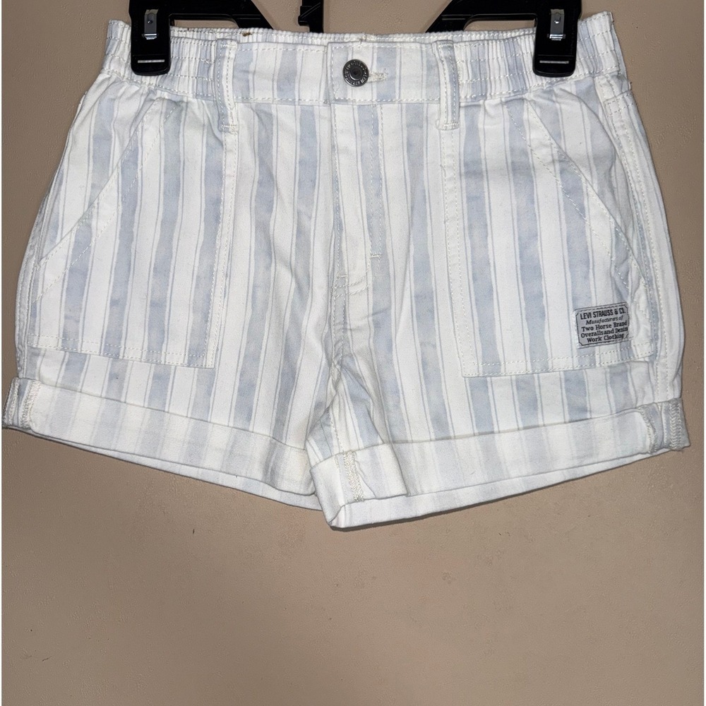 Levi's Girls High Rise Denim Shorts 10/12 Blue White Stripe Cuffed 2in
